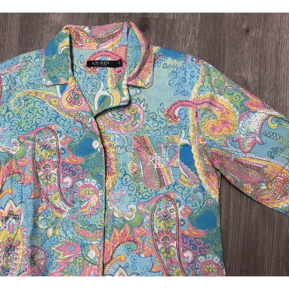 Lauren Ralph Lauren Paisley Womens Pajama Set Sz M Capri Button Up Cotton - Picture 5 of 13